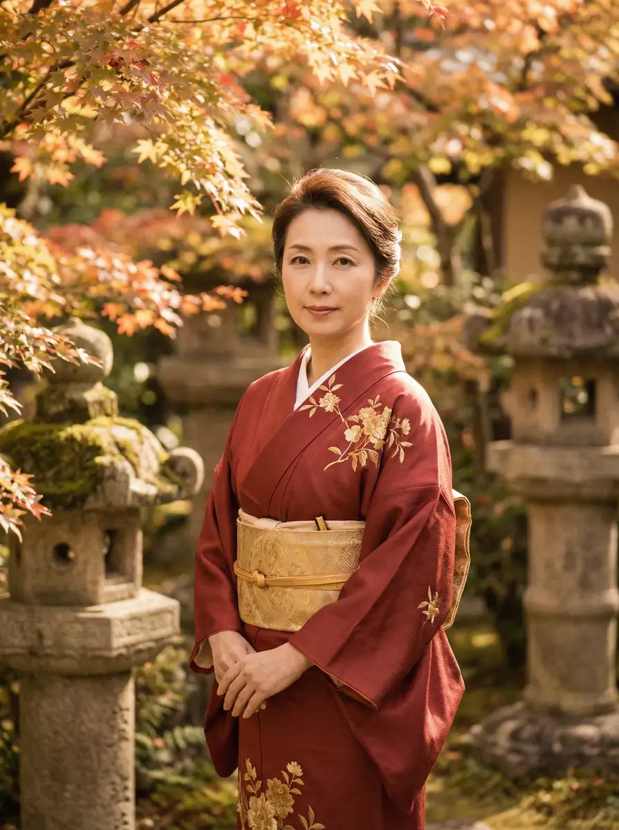一位身穿暗红色和服的优雅 桃谷绘里香 在日式庭院中