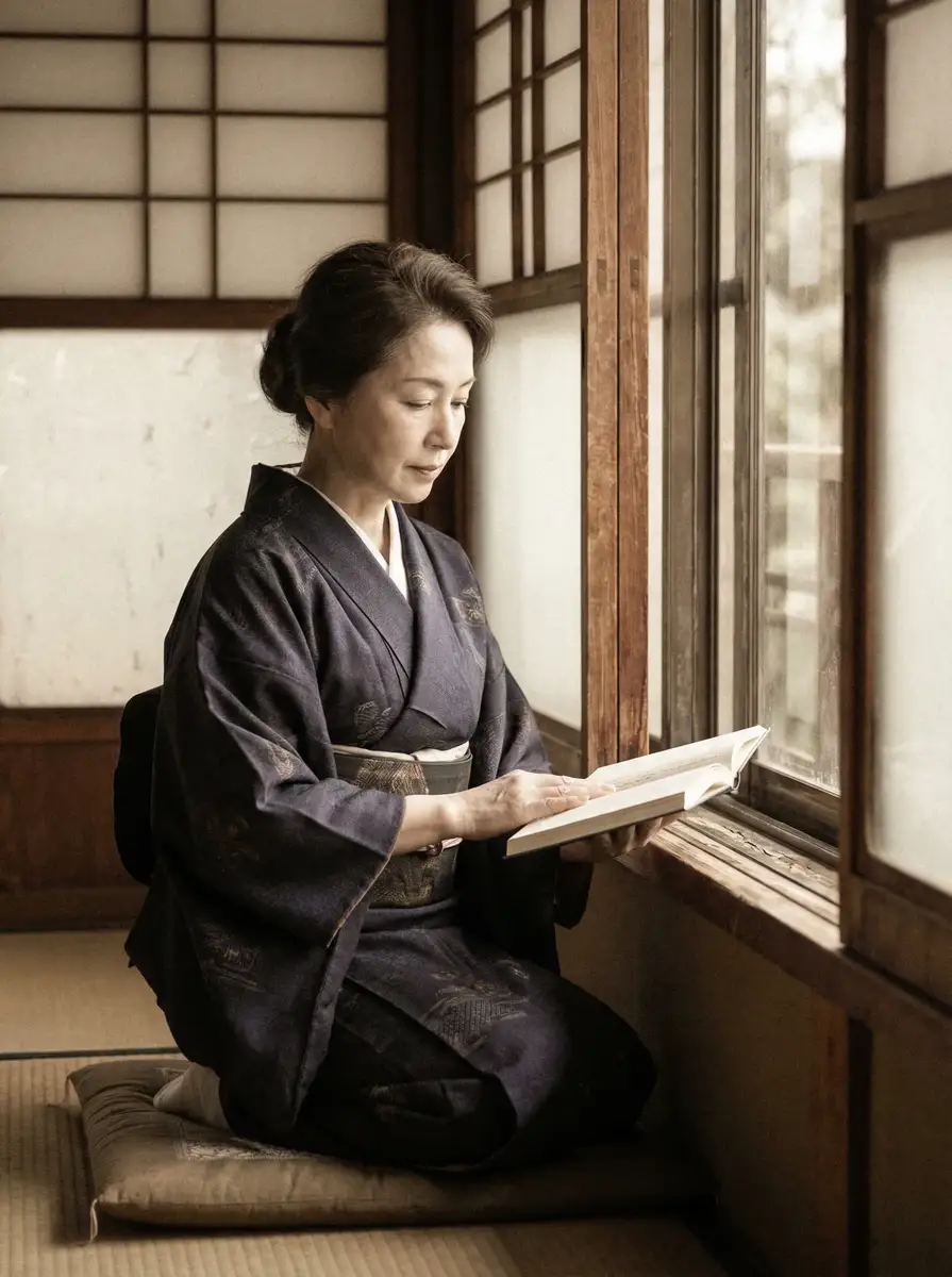 一位优雅的五十岁 桃谷绘里香 身穿深蓝色和服，在窗边静读