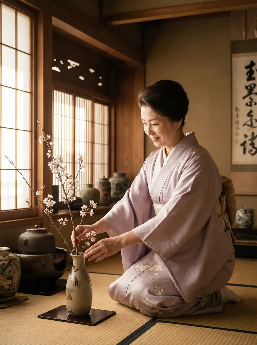 一位优雅的 桃谷绘里香 在和室中插花