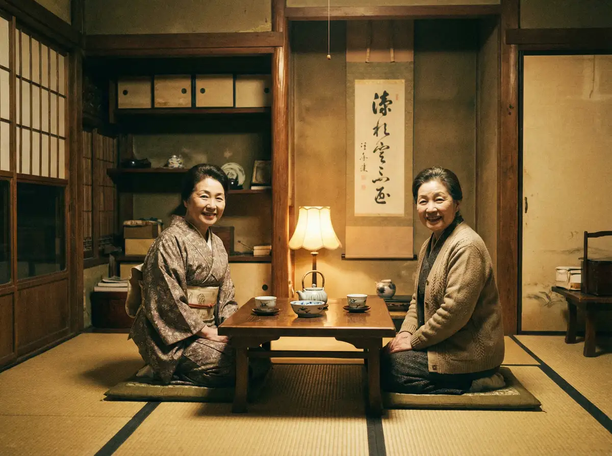 两位优雅的 桃谷绘里香 在日式茶室中品茶交谈